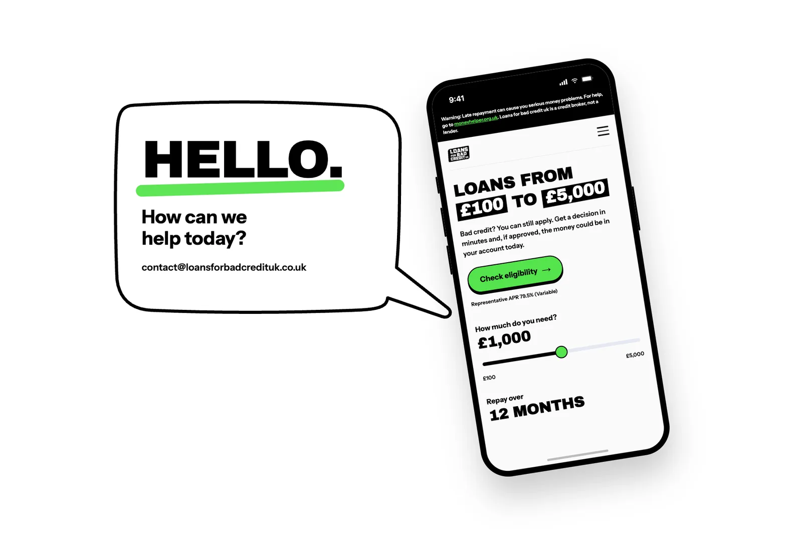 A speech bubble saying Hello, how can we help today, next to a phone showing the Loans for Bad Credit UK home page